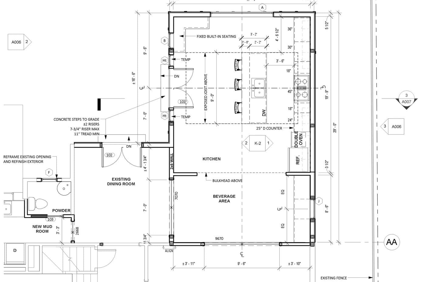 Ground floor plan of a kitchen extension, with the reframed existing opening and the new steps at door 101 marked