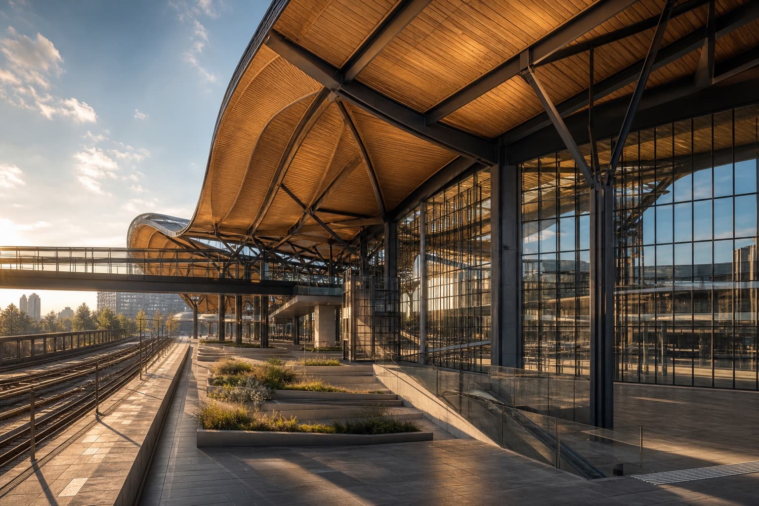 Timber roof and glazed facade of a transit hub in evening light