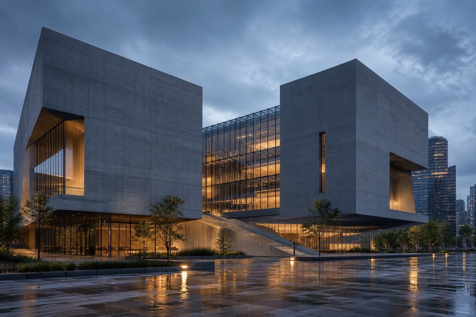 A contemporary concrete civic library illuminated at dusk after rain