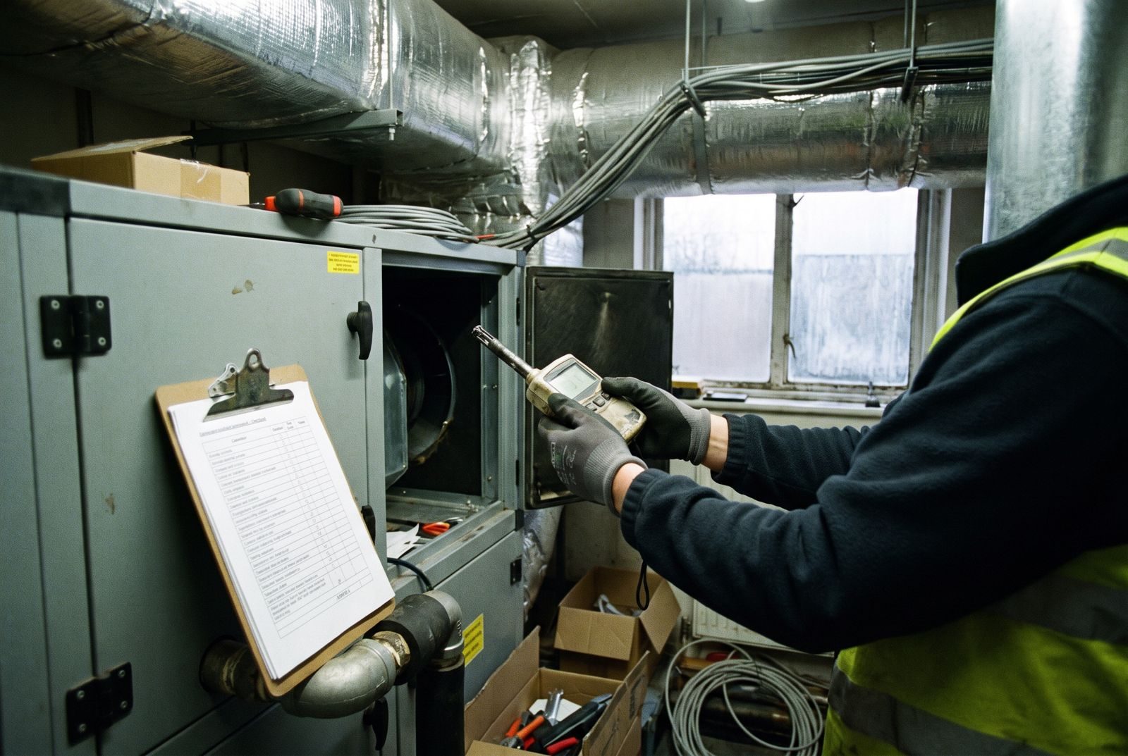 Commissioning engineer with a checklist at an open air handling unit