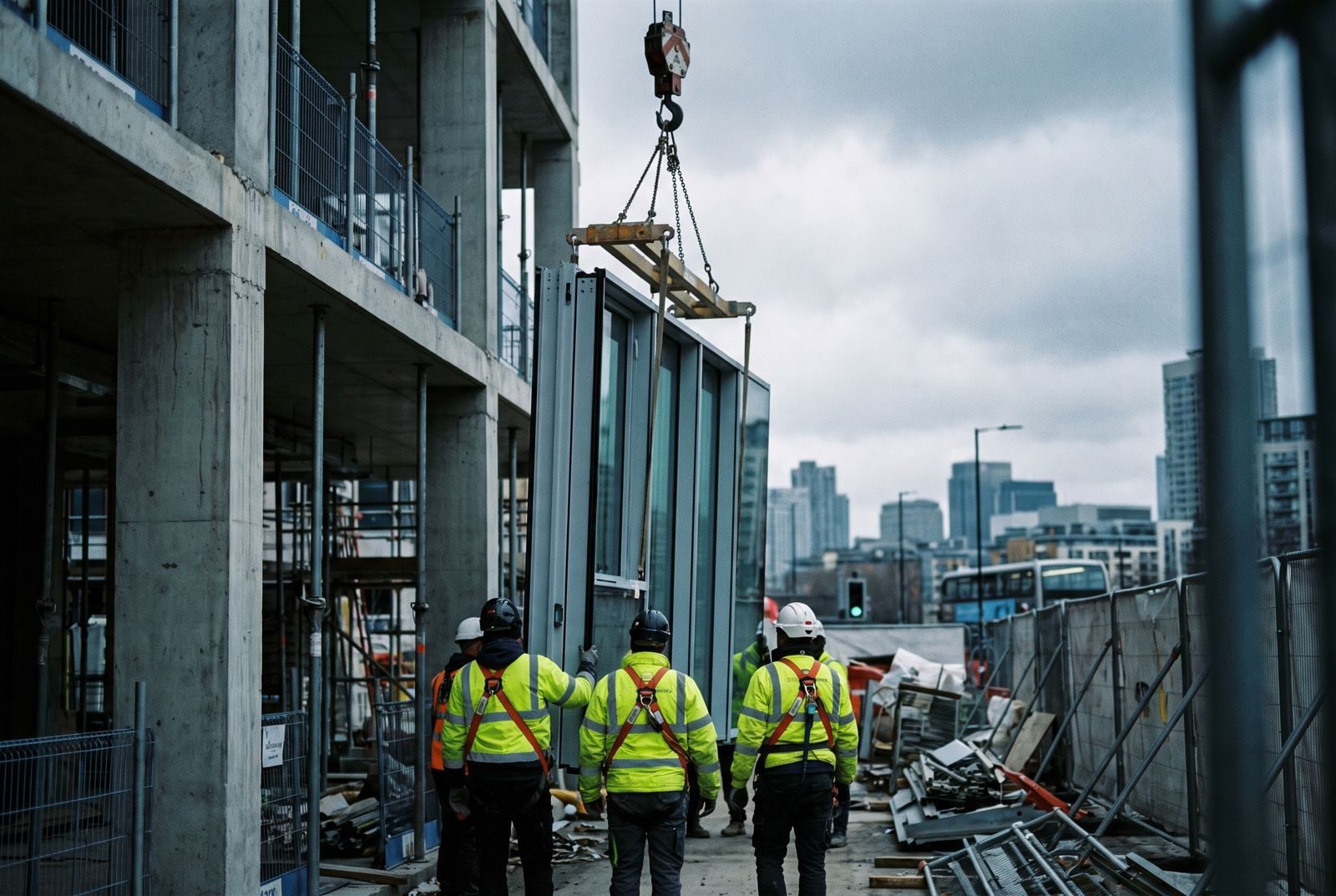 Curtain wall panel being lifted into place on a London construction site
