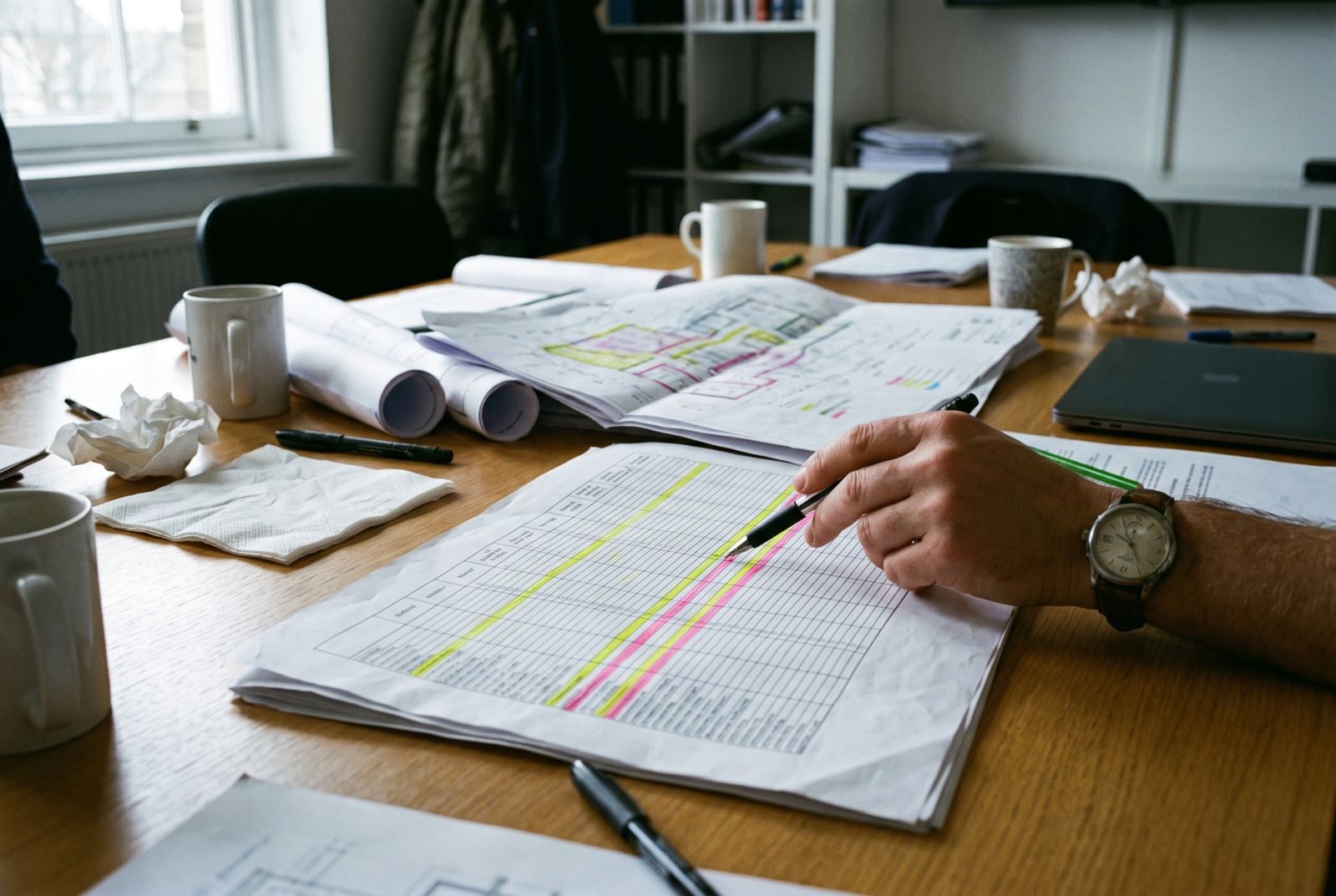 Printed responsibility matrix with highlighted rows on a design team meeting table