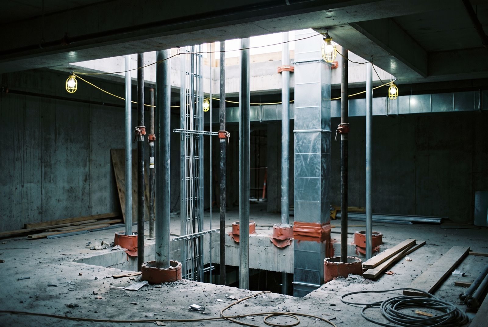 Services riser in a residential tower under construction with sprinkler pipes and fire-stopped penetrations