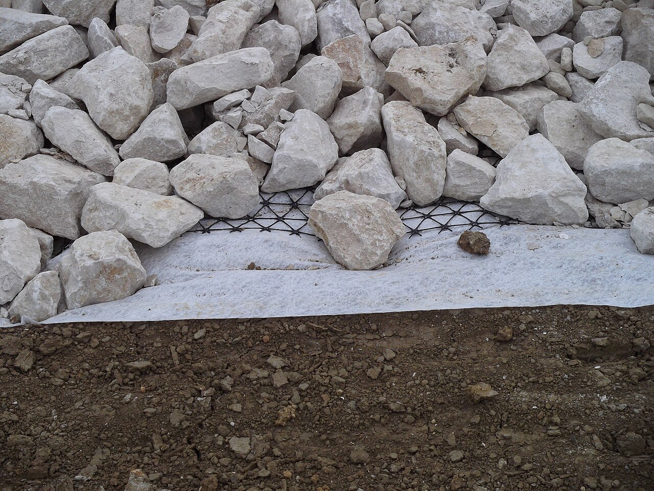 A geogrid and a geotextile in use together on a construction site