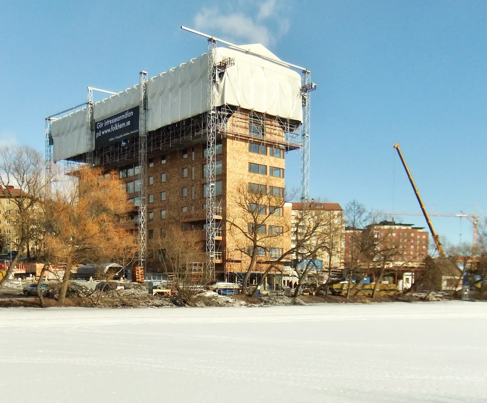 A multi-storey cross-laminated timber building under construction in Sundbyberg, Sweden