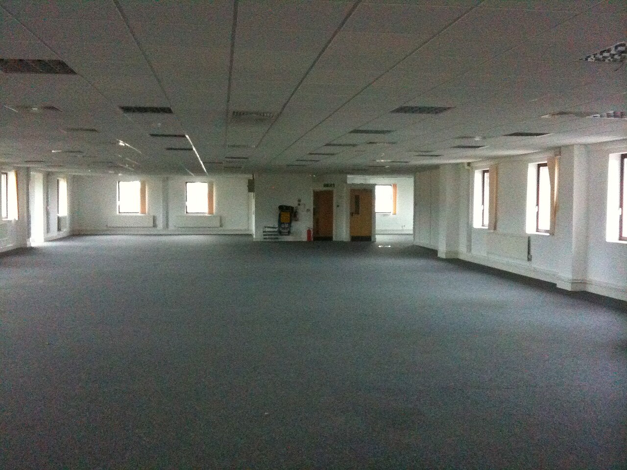 An empty open office with grey carpet across the floor