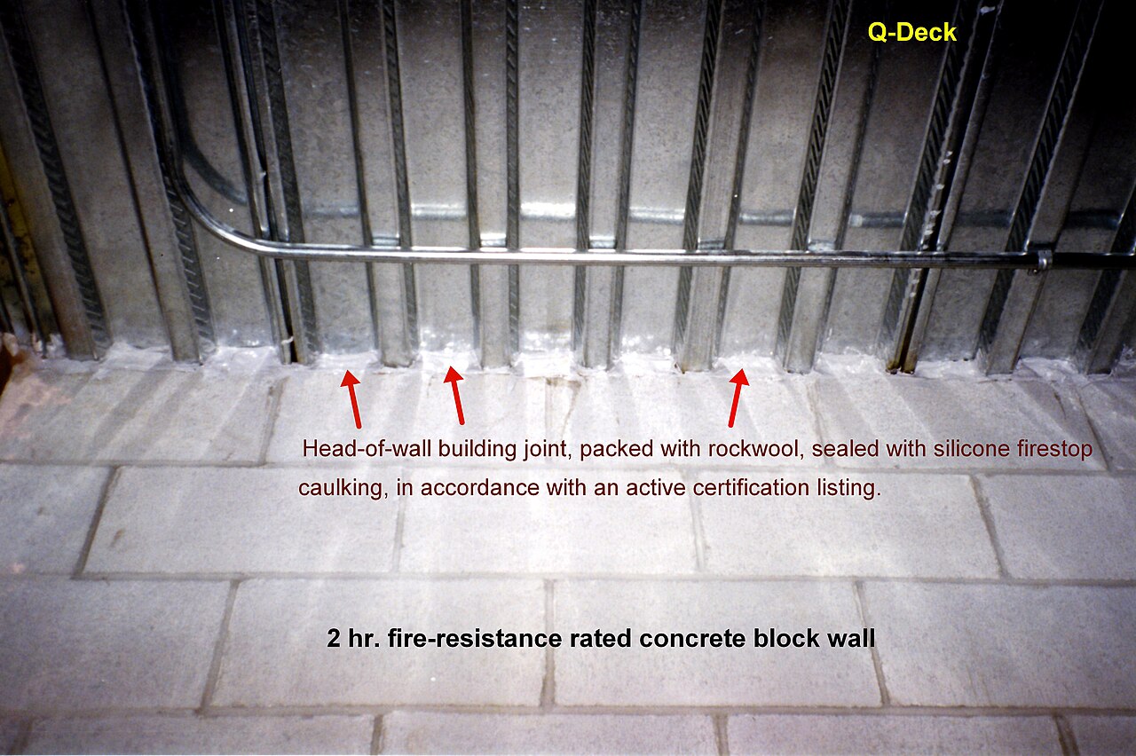 A head-of-wall joint between a masonry wall and a steel deck above, sealed with rock wool packing and firestop sealant, with a conduit passing through