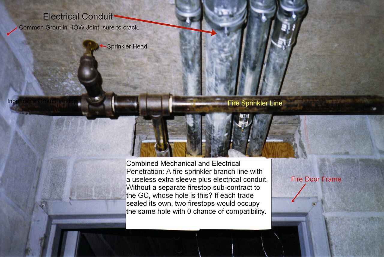 A wall opening shared by mechanical and electrical services passing through it