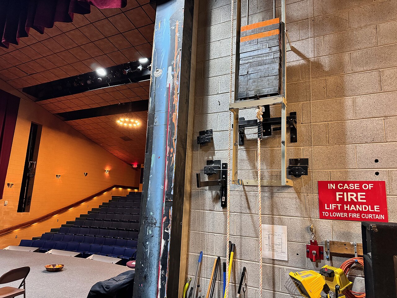 The lever and counterweights that operate a theatre fire curtain, seen backstage
