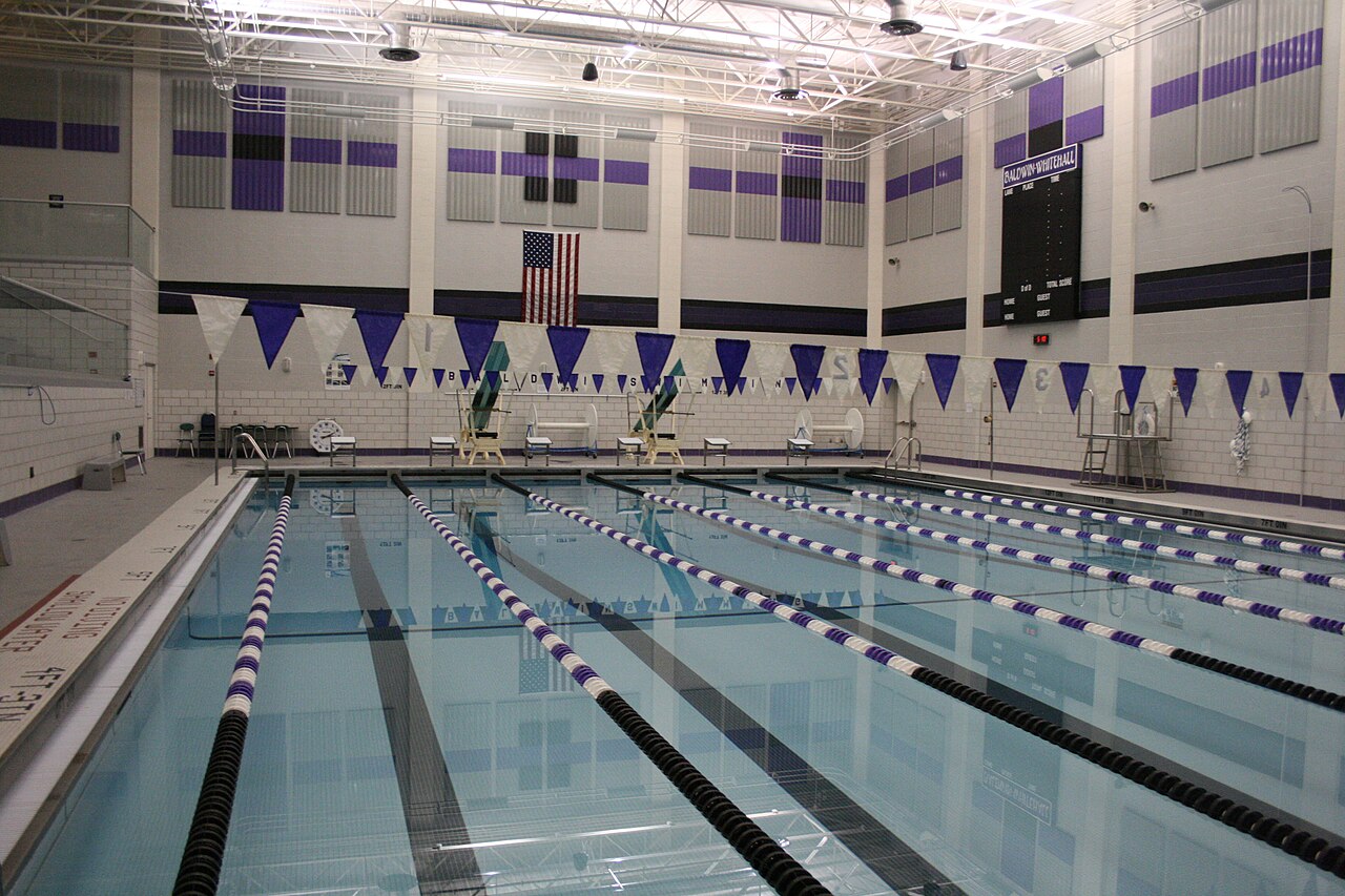School swimming pool hall with sound-absorbing padding on the walls