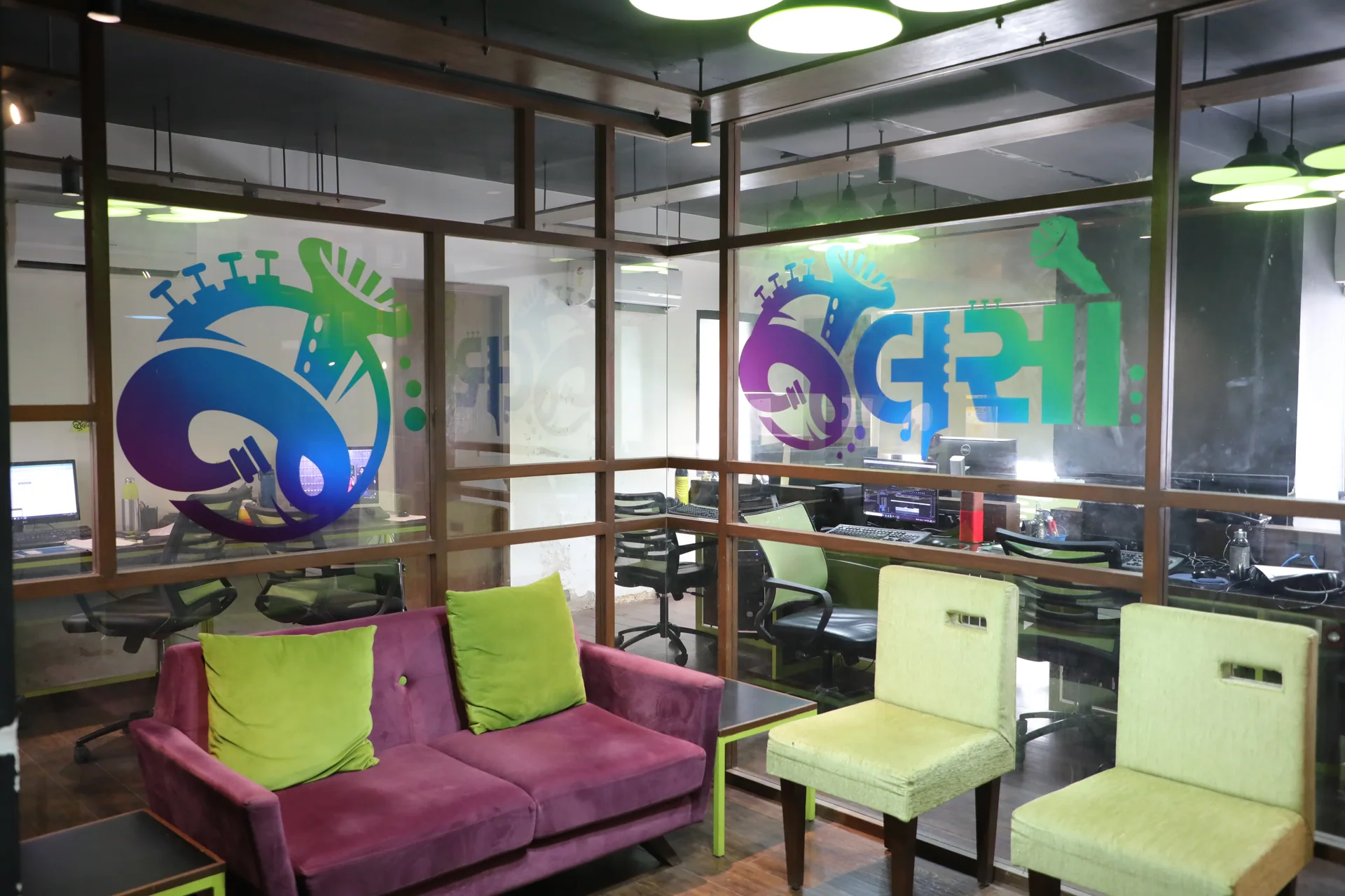 An office meeting room enclosed by glass walls