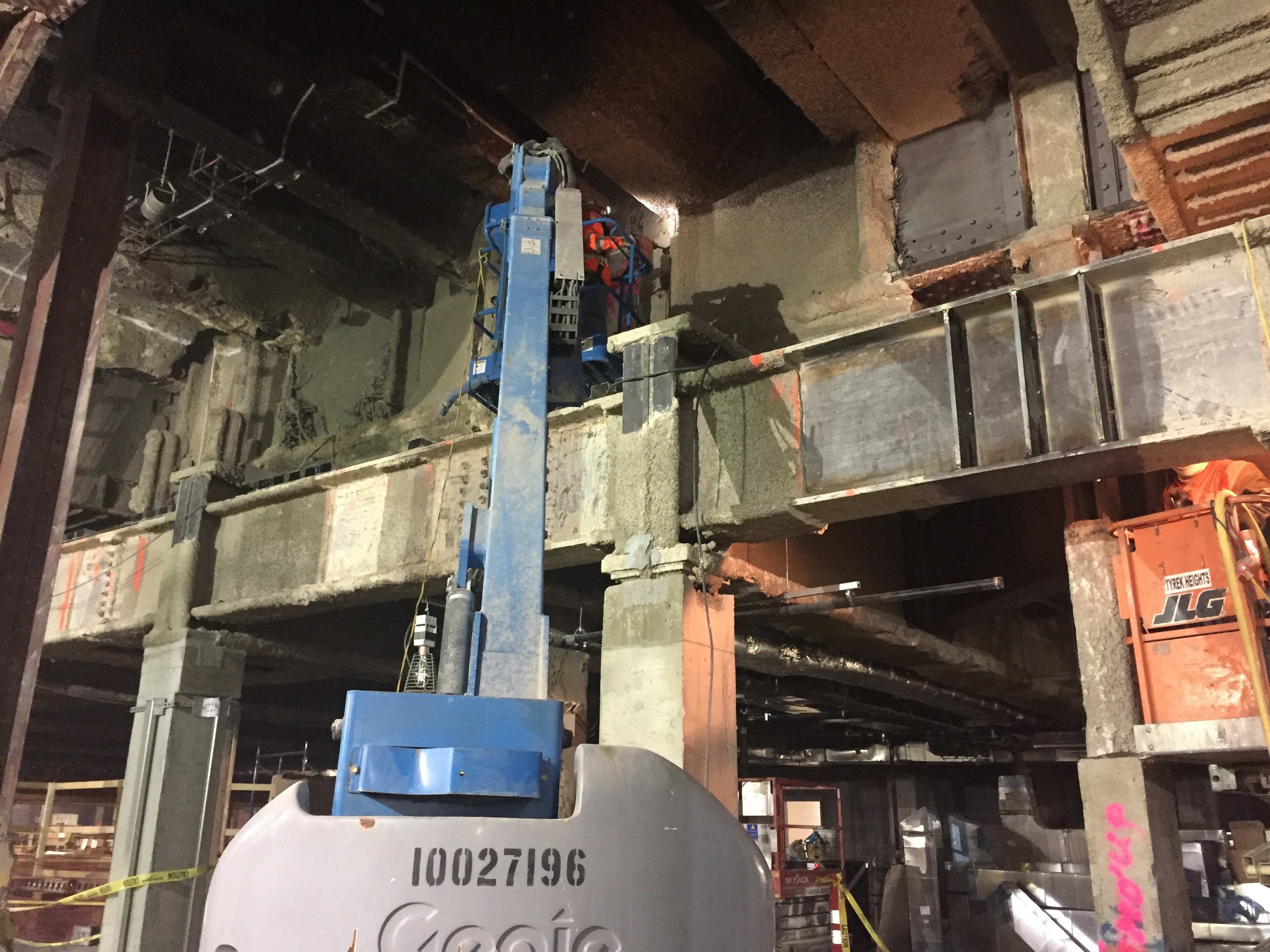 An existing steel girder exposed during construction work