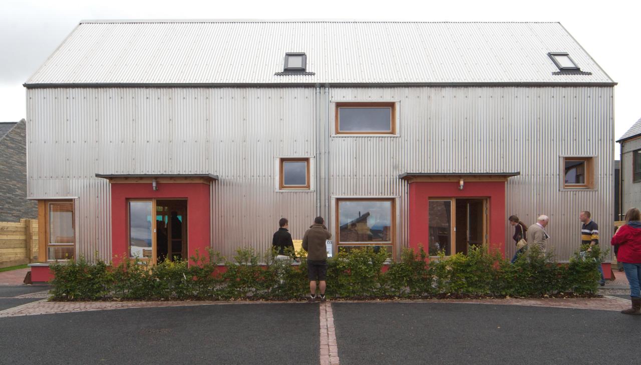 A cross-laminated timber house at Scotland's Housing Expo, sheathed in profiled metal cladding