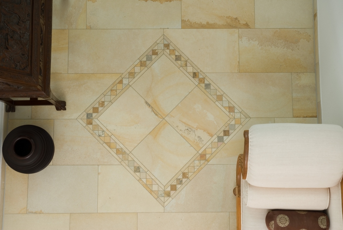 Hallway floor laid with natural split Solnhofen limestone