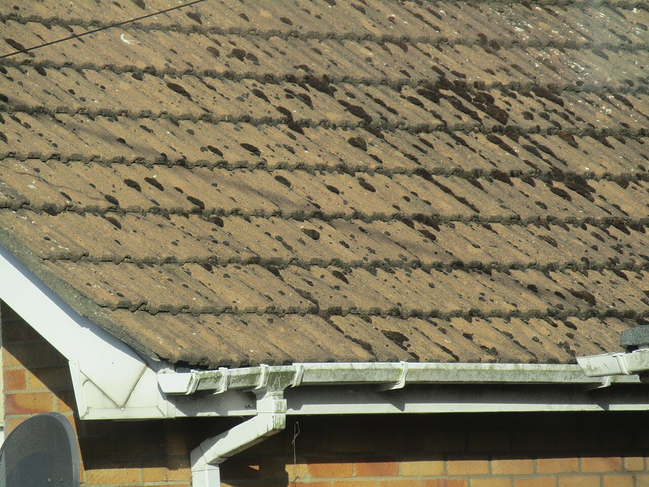 Plastic eaves guttering below a tiled roof on a bungalow in Norfolk