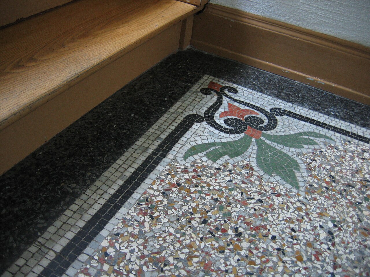 A patterned terrazzo floor in a stairwell in Heidelberg