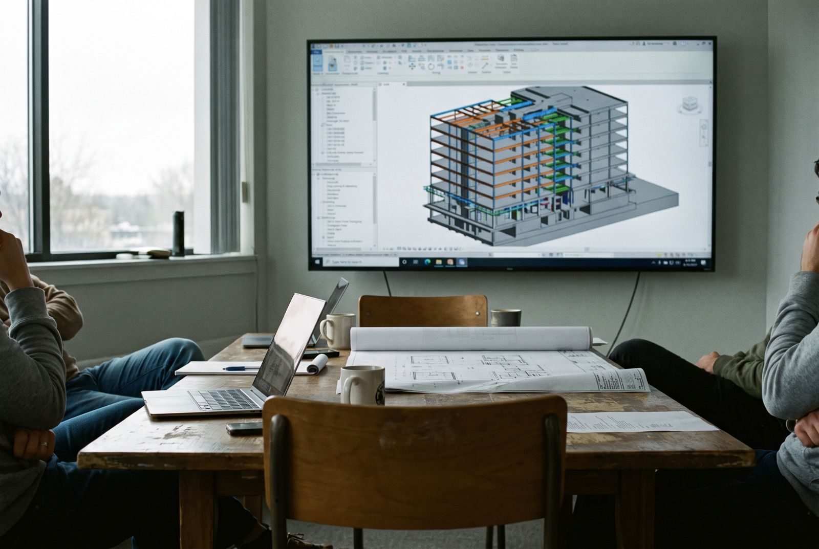 Coordination meeting room with a building information model on screen