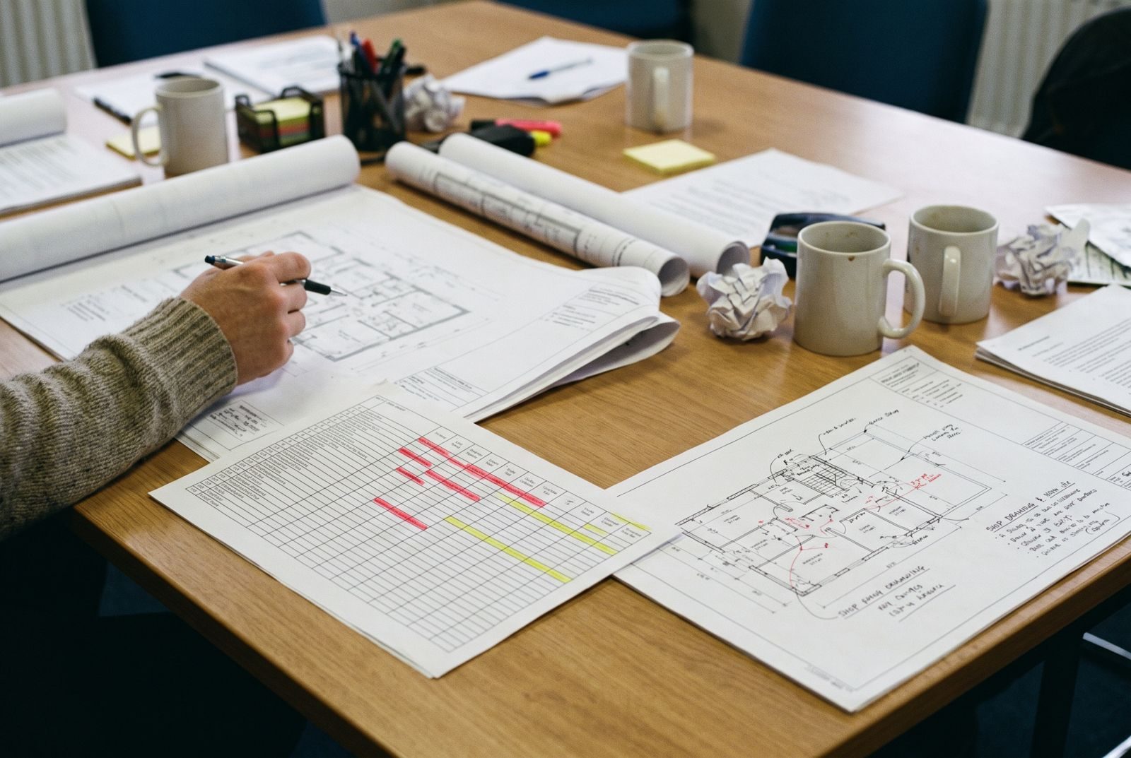 Design team table with building services drawings and a highlighted responsibility grid
