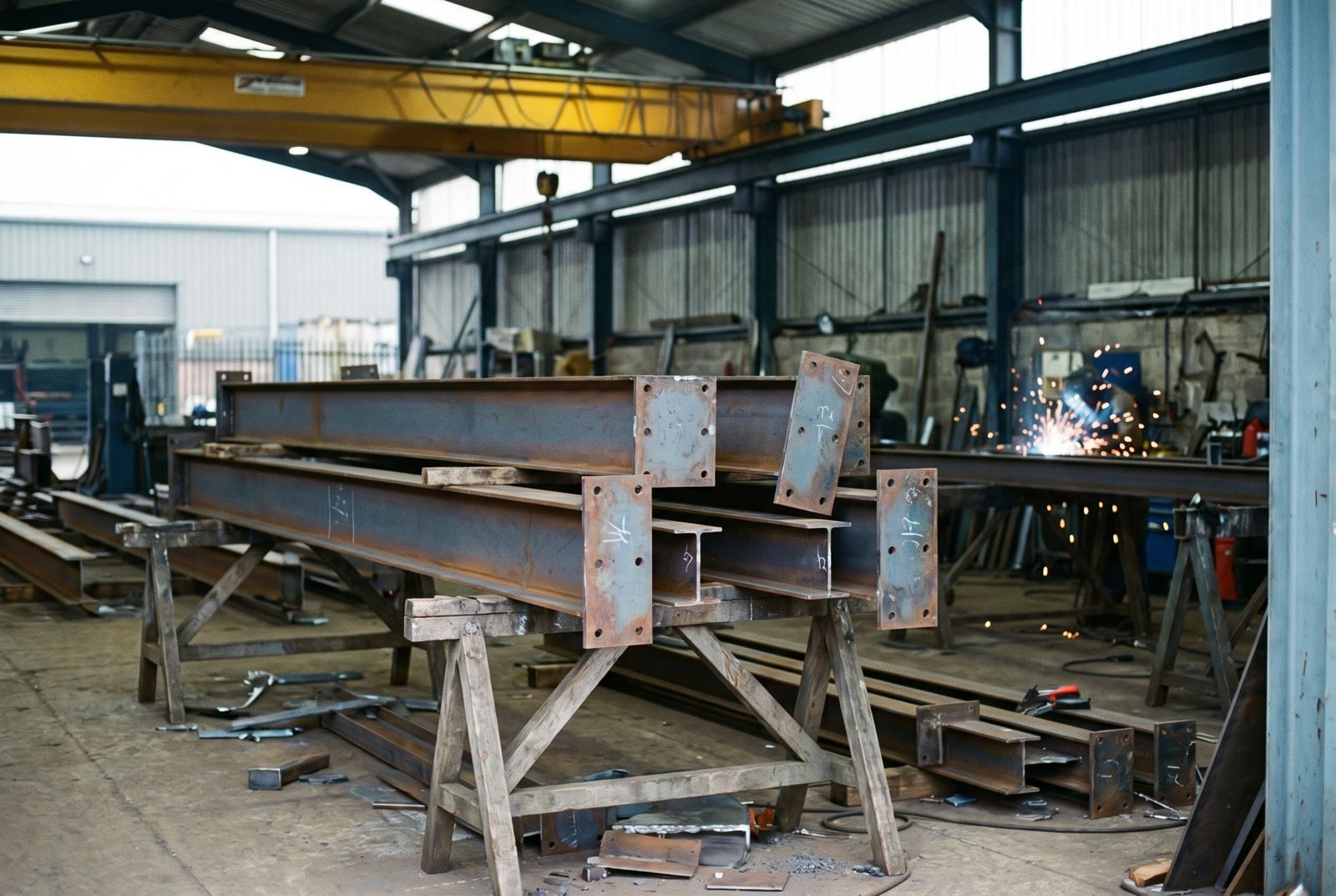 Fabricated steel beams with end plates in a UK fabrication workshop