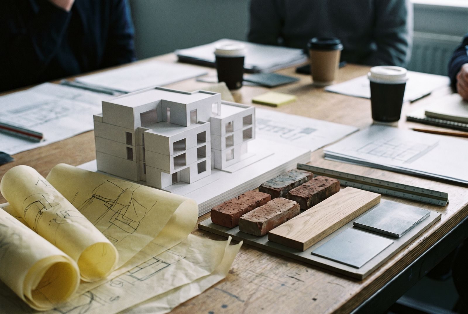 White card massing model, tracing paper sketches and material samples on a studio table