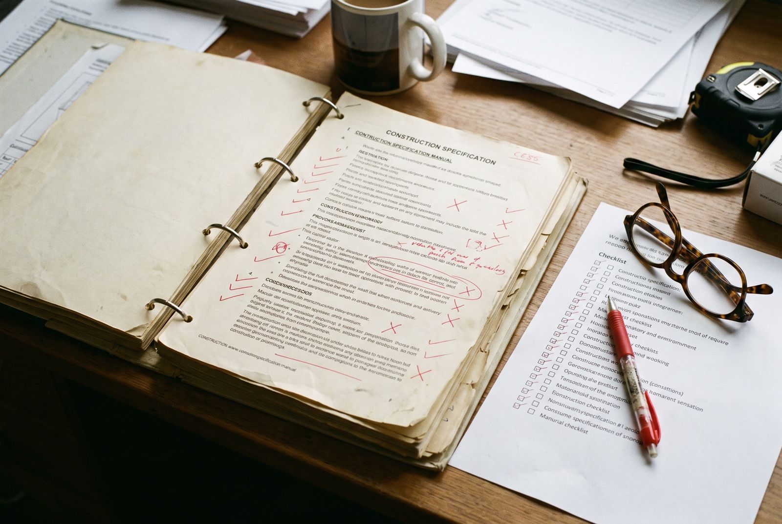 Printed specification marked up in red pen beside a review checklist