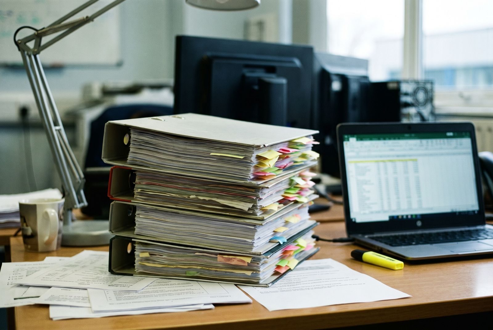 Stack of tabbed standards documents beside a laptop