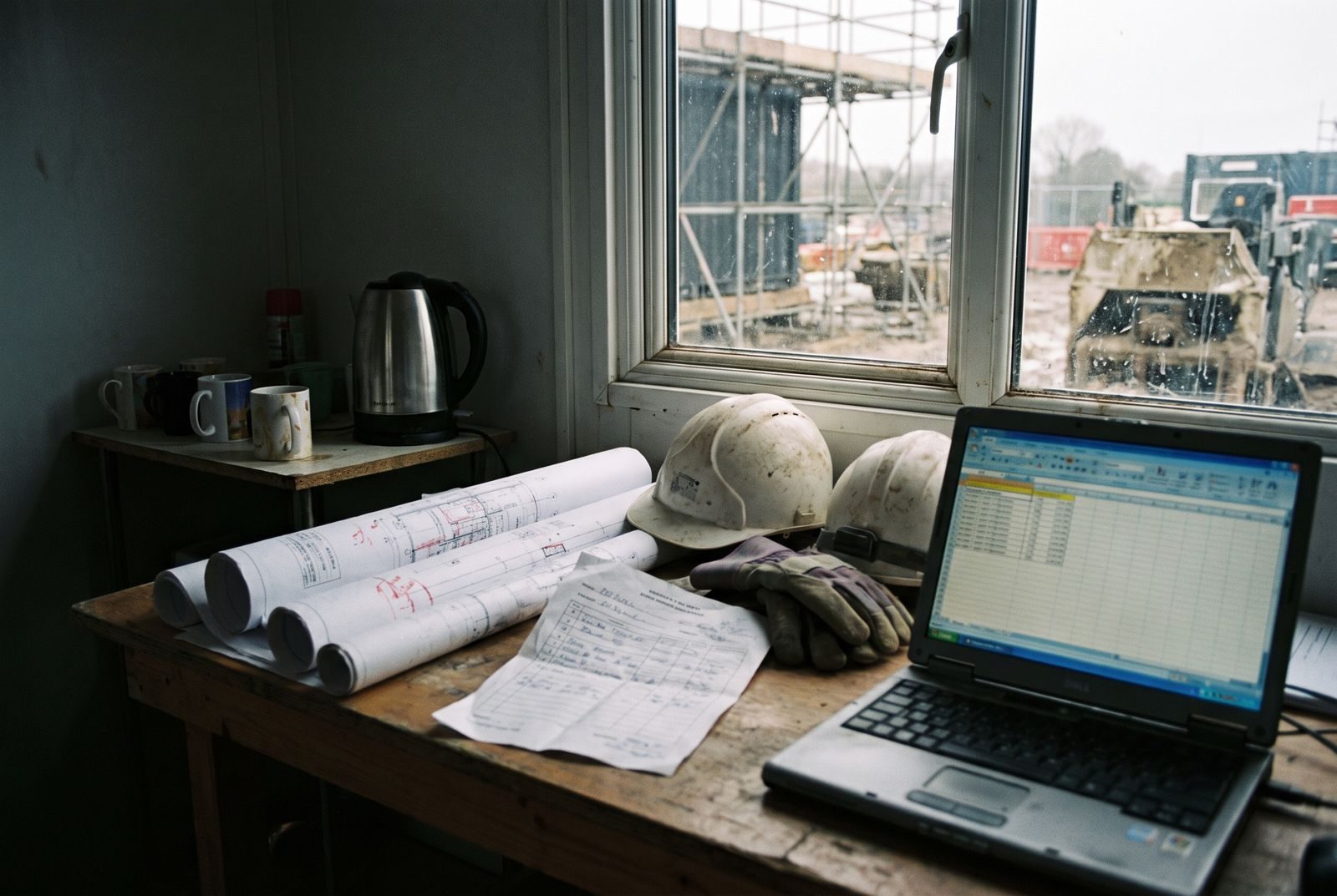 Site cabin table with marked-up drawings, hard hats and a laptop