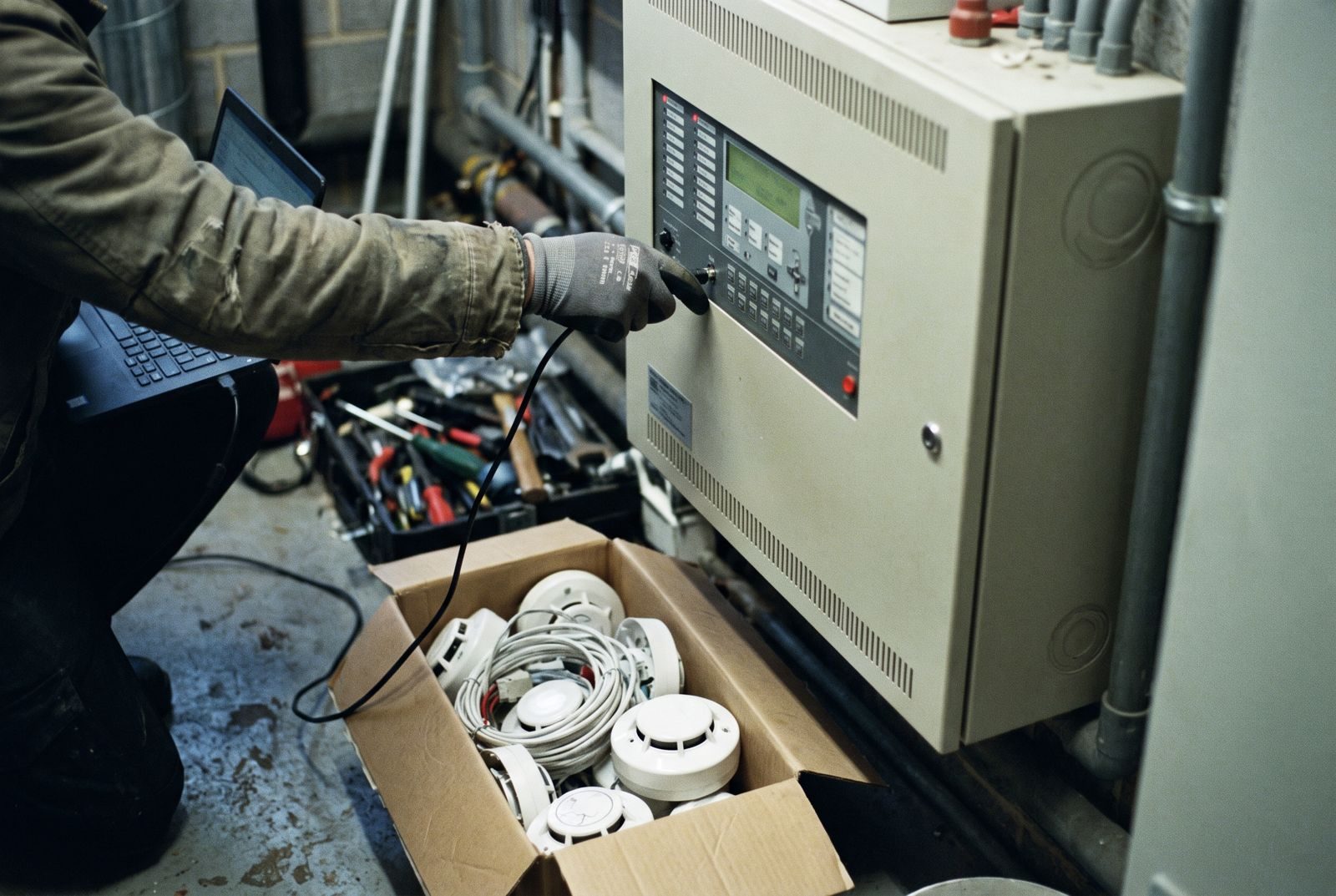 Fire alarm control panel being commissioned in a plant room