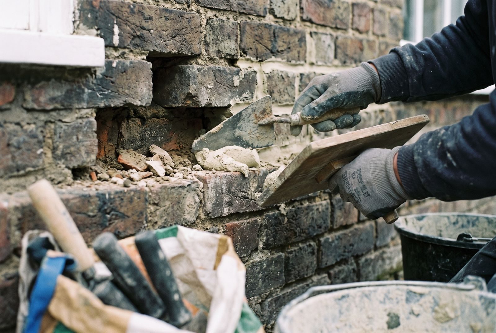 Gloved hands repointing an old brick wall with lime mortar