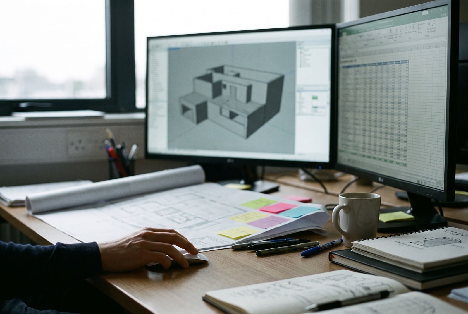 Architect's desk with a 3D building model and property table on two monitors