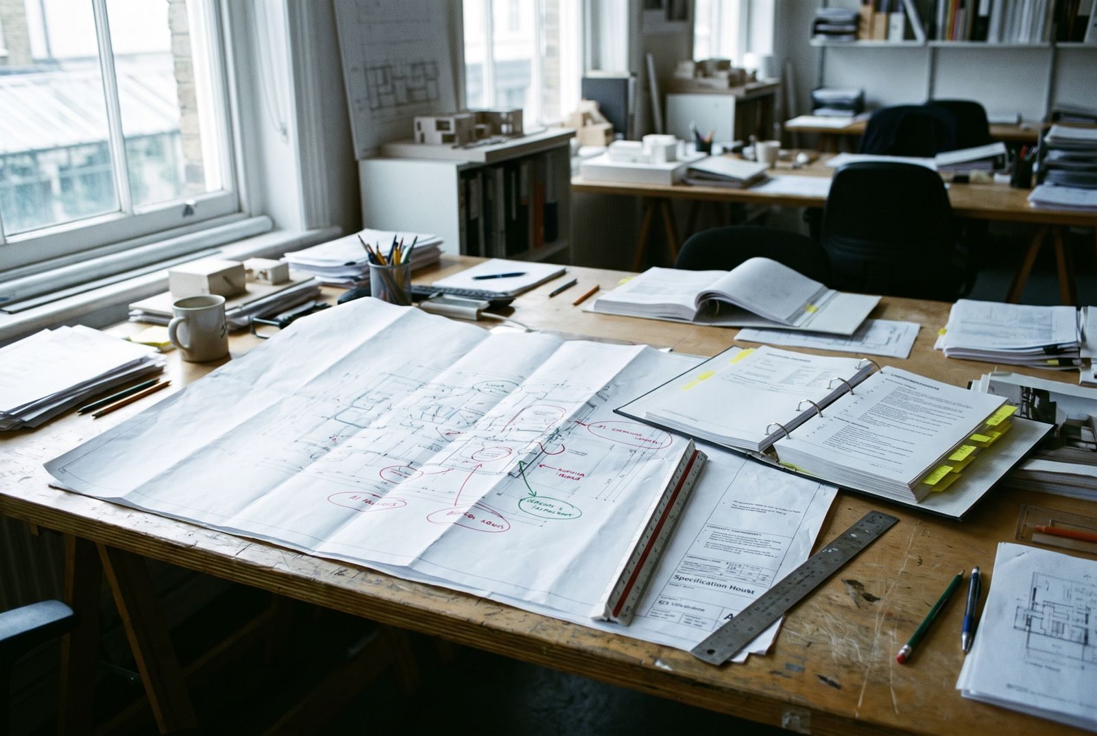 Marked-up drawings and a tabbed specification on an architect's desk