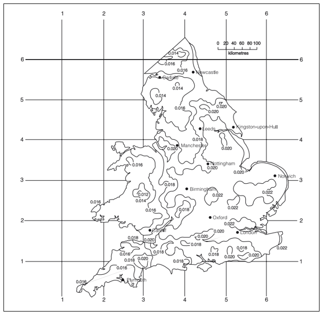 Diagram 1 Rainfall intensities for design of gutter and rainfall pipes