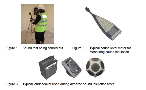Figure 5.3 Airborne sound testing equipment (1) Sound test being carried out , (2)