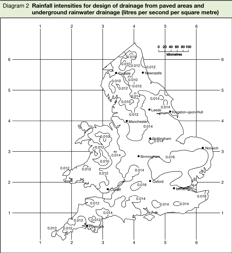 Contour map of Great Britain showing rainfall intensity values, numbered grid lines, place names, and a kilometres scale.