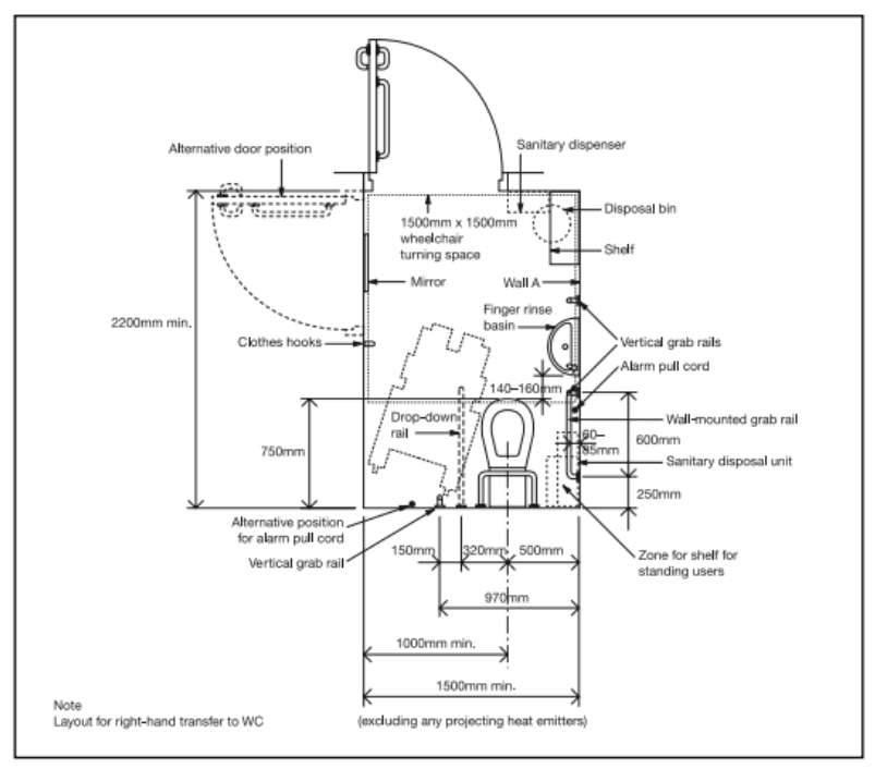 Diagram 18 Unisex wheelchair-accessible toilet with corner WC