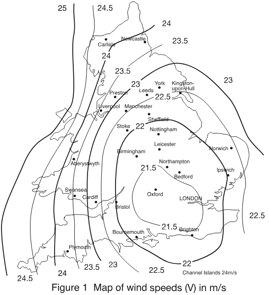 Map of Great Britain showing wind-speed contours, labelled cities, and wind-speed values in metres per second.