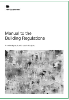 Cover image of the Manual to the Building Regulations, showing the title and a monochrome building-related image.