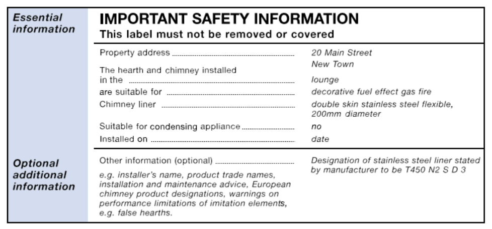 Diagram 16 Example notice plate for hearths and flues