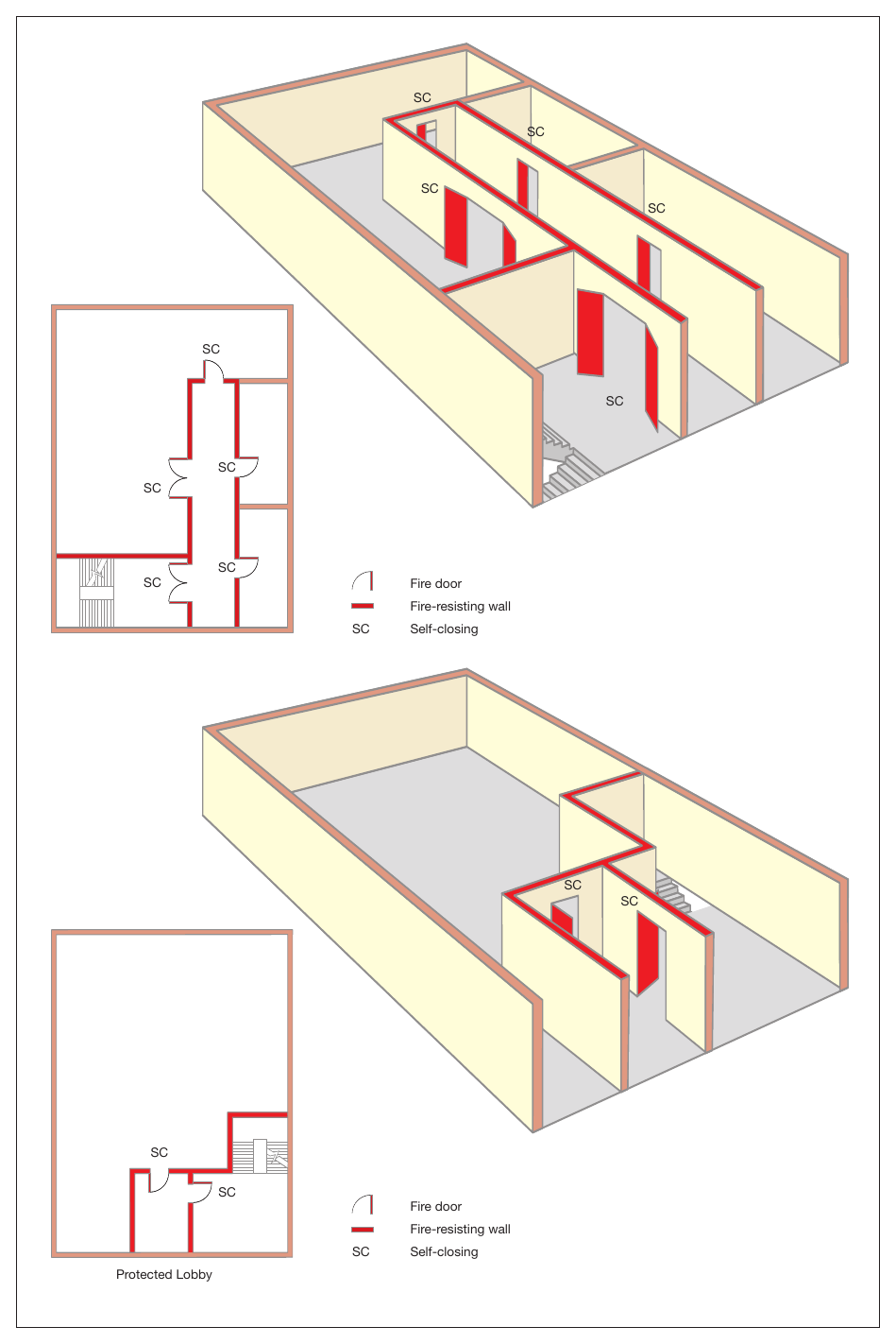 Figure 38: Examples of a stairway with protected lobby/corridor approach
