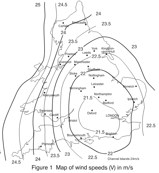 Map of the United Kingdom with wind-speed contour lines and labelled cities and regions.