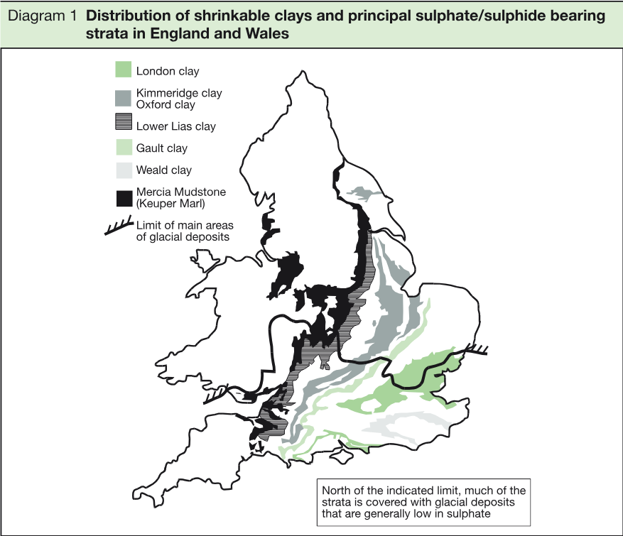 Map of England and Wales showing the distribution of London, Kimmeridge, Oxford, Lower Lias, Gault, Weald and Mercia Mudstone clays, together with the limit of the main areas of glacial deposits.