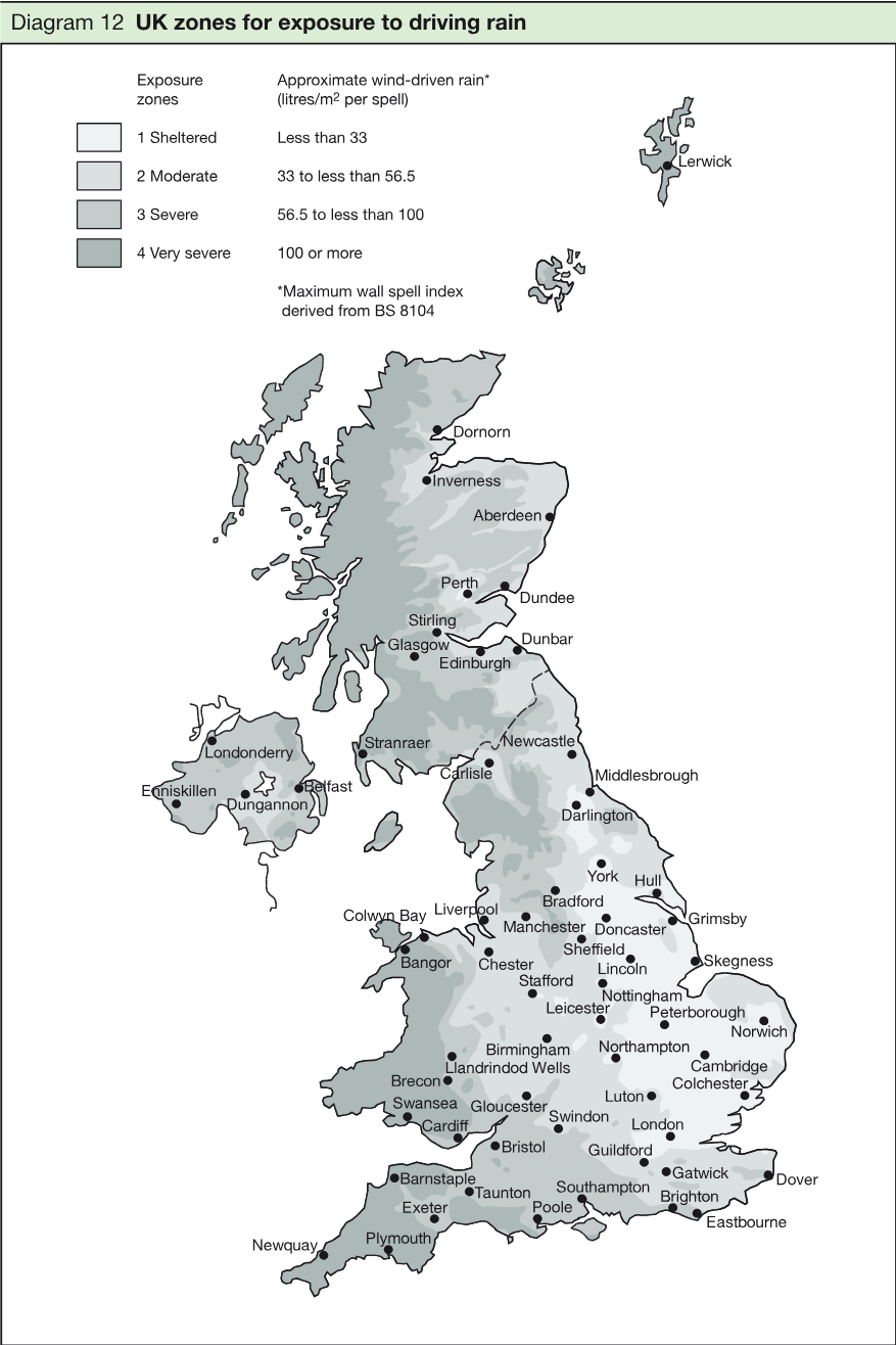 Map of the UK showing four exposure zones for wind-driven rain, with a legend defining sheltered, moderate, severe and very severe zones and locations marked across the UK.