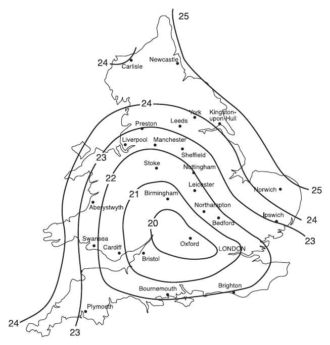 Diagram 6 Map showing wind speeds in m/s for maximum height of buildings