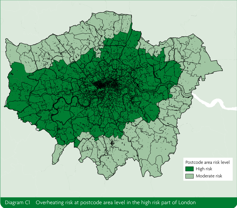 Map of London showing postcode areas shaded by overheating risk, with the central and western areas marked high risk and surrounding areas marked moderate risk; a legend identifies the two risk levels.
