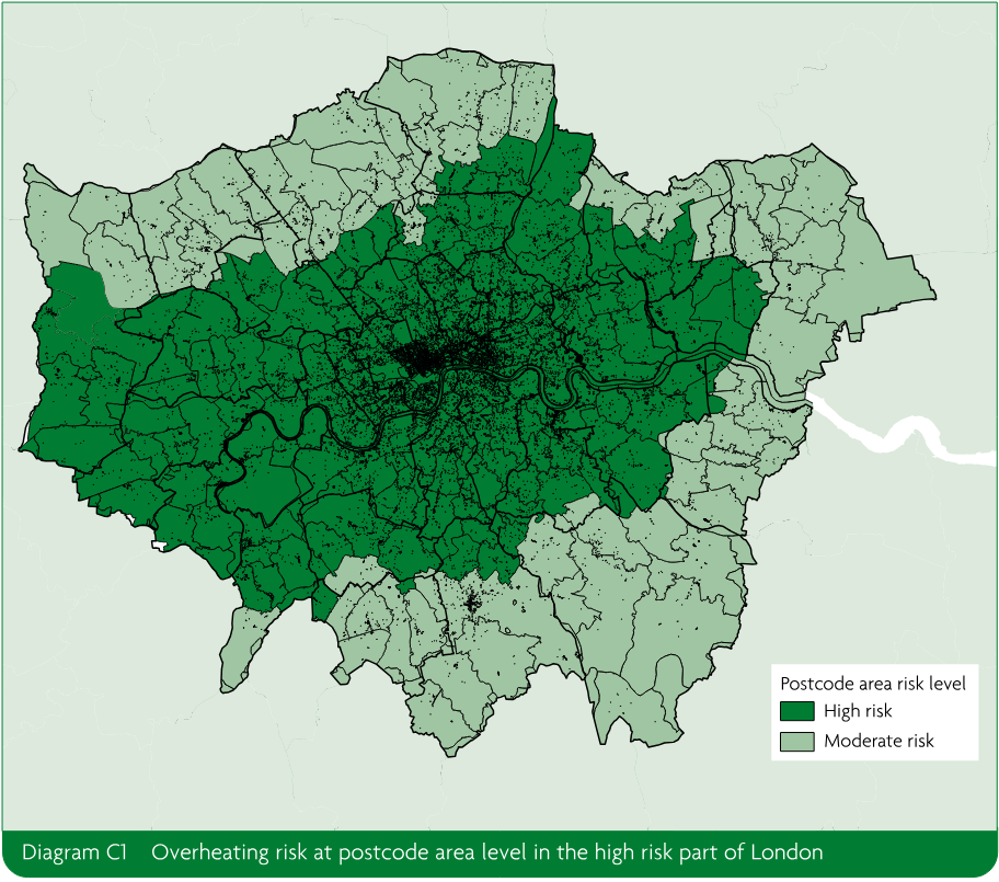 Map of London showing postcode areas shaded by overheating risk level, with high risk and moderate risk areas indicated.