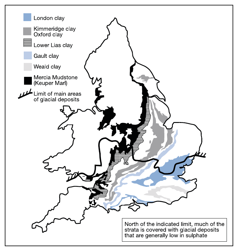Diagram 1 Distribution of shrinkable clays and principal sulphate/sulphide bearing strata in England and Wales