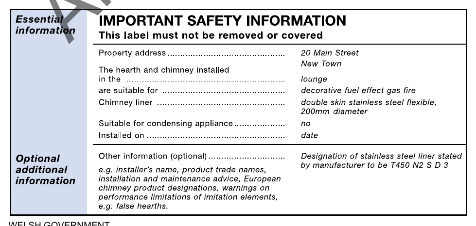 Diagram 16 Example notice plate for hearths and flues